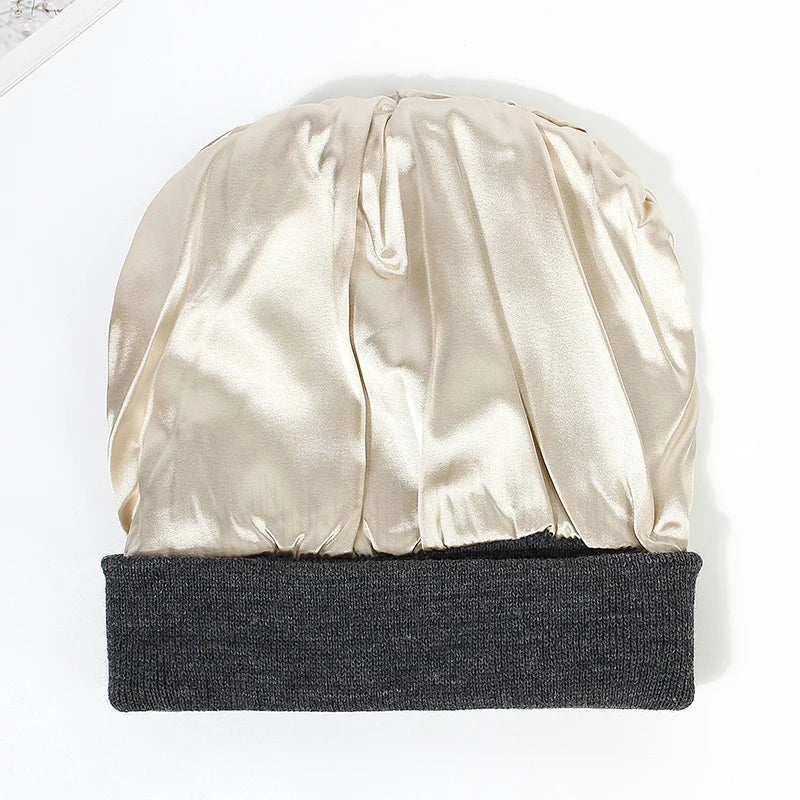 Winter Knit Beanies Womens Satin Lined Beanie Cap - Thick Chunky Plush Skull Hat for Winter
