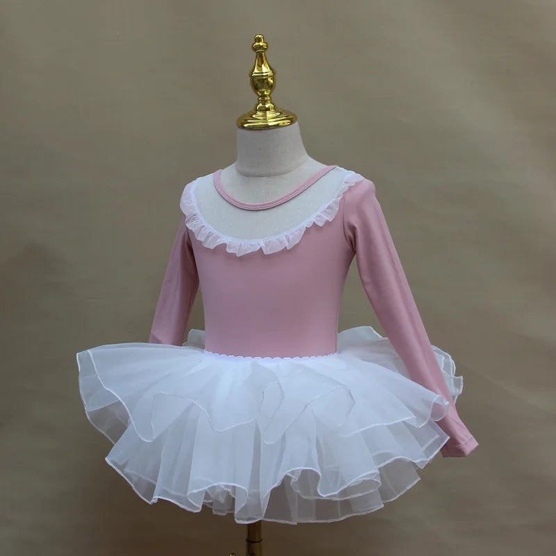 Light girls ballet leotard set - puff-sleeve top, tulle tutu skirt, polyester, for dance class