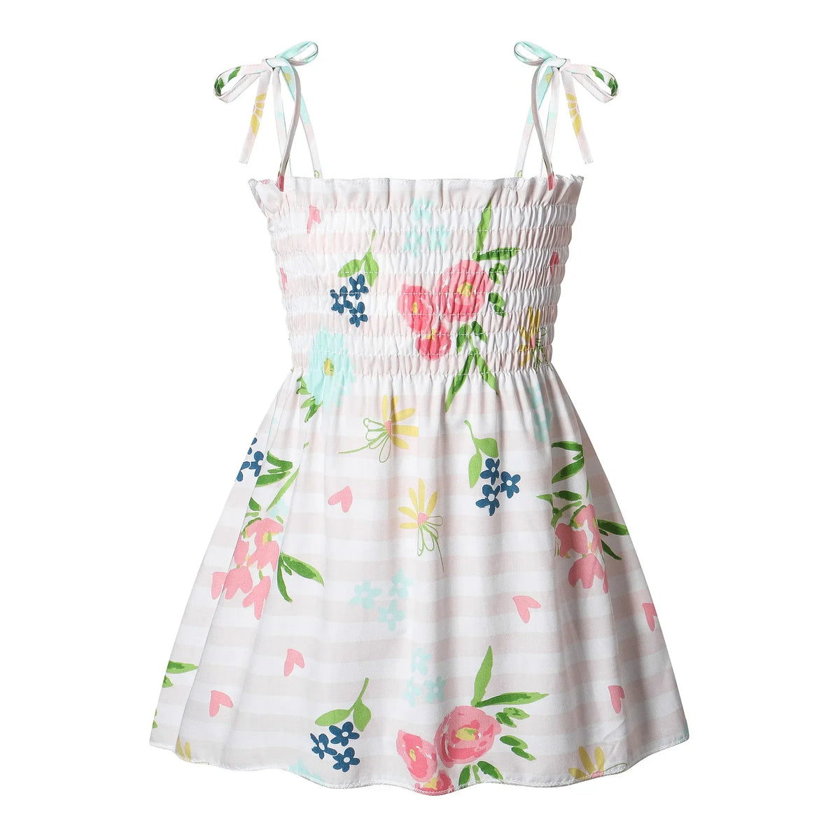 Plush girls' floral sundress - smocked bodice, polyester, for casual beach party