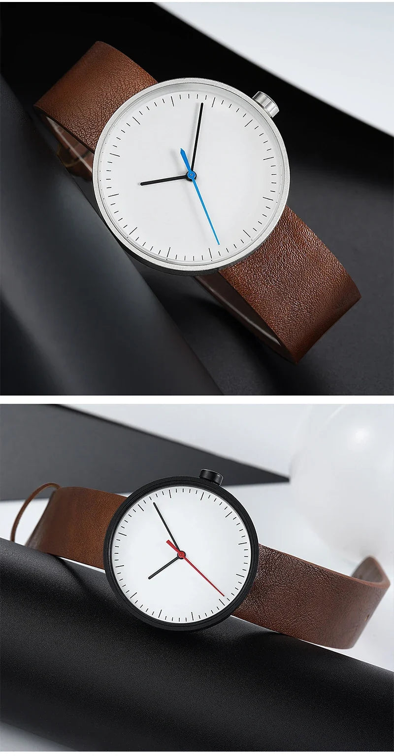 leather strap, round dial, minimalist everyday timepiece – Timeless unisex quartz wristwatch