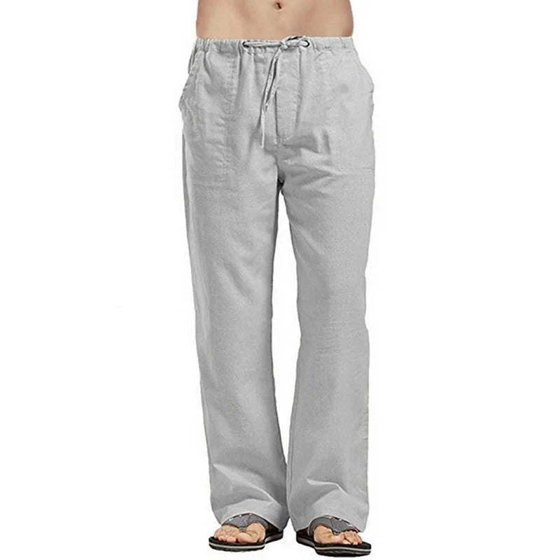Color Solid Multi-Pocket Linen Men Pants - Casual Breathable Summer Trouser, Large Size