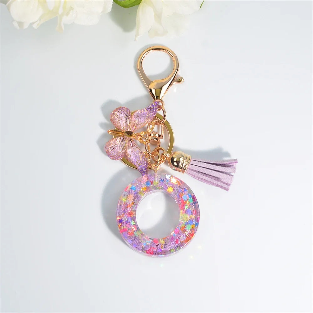 Letter Sequin Keychain With Butterfly Tassel Charm