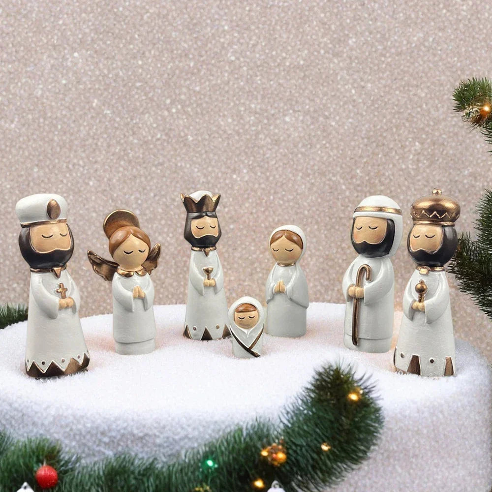 Nativity Kit Resin 7 Piece White Gold Christmas Nativity Figurines For Tabletop Decor Holiday Gift Idea