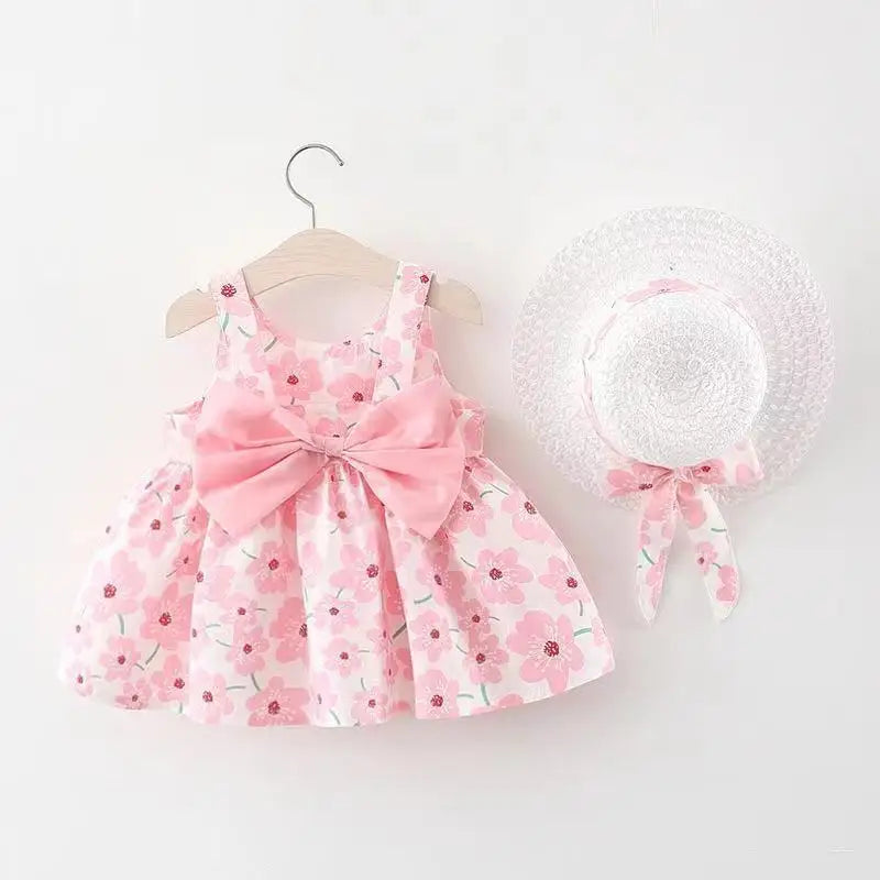 Plush baby girls dress - sleeveless, floral bow-embellished, cotton-polyester blend, for summer outings