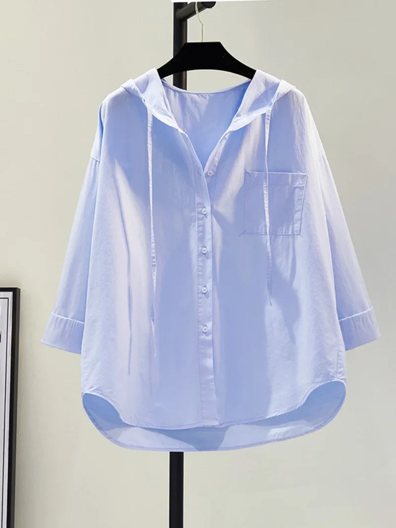 Variant image for White Women's Blouse in Soft Cotton with Hood, Casual Relaxed Fit for Everyday Comfort and Style-1