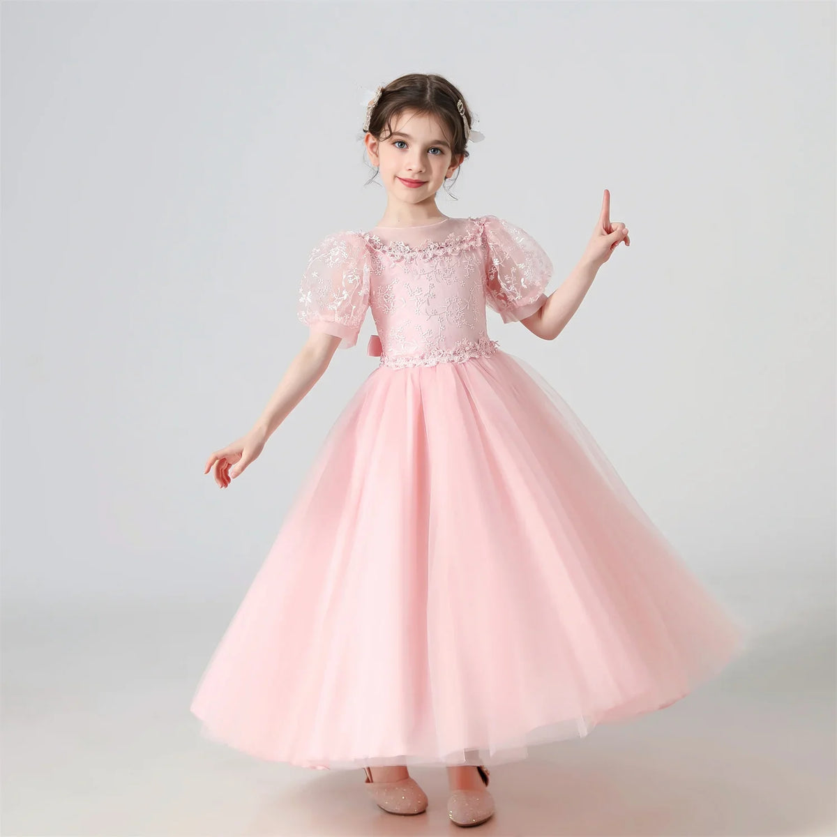 Plush Girls' Dress - Flowy Princess-Cut Lace-Embroidery, Polyester, Wedding Party