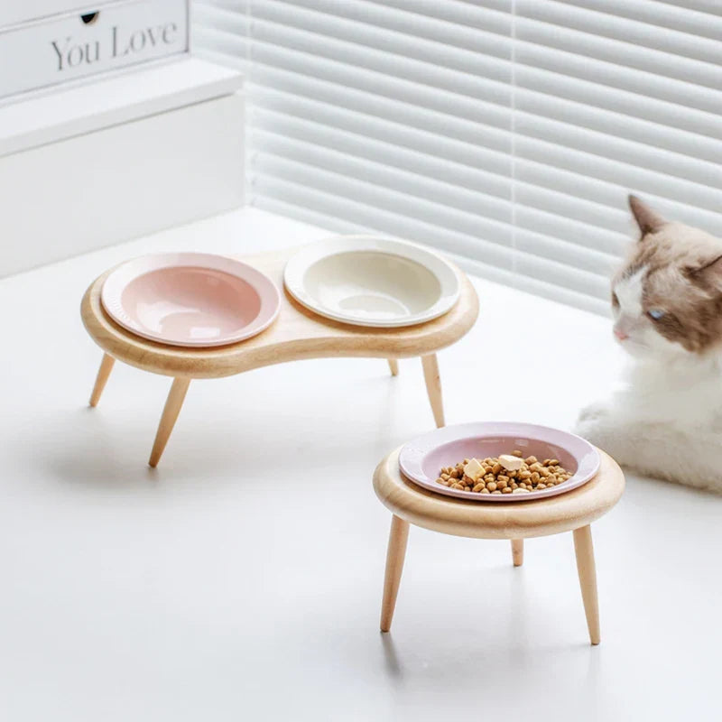 Cat Ceramic Bowl Kit Height Flexible Elevated Wooden Stand Double Food Water Bowls Fall 2025 Mess Free Feeding