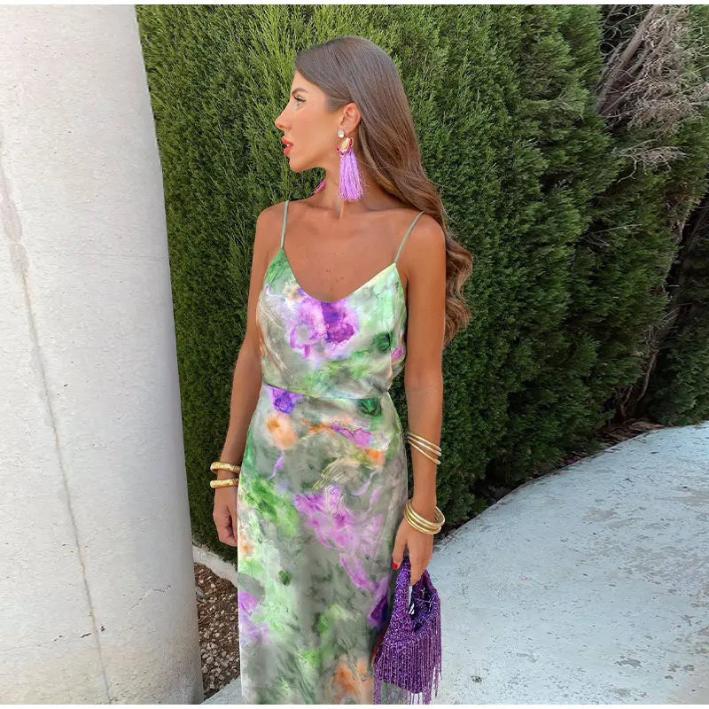 Vibrant Long Womens Dress with Removable Scarf and Modern Halo Print for Summer Events-3