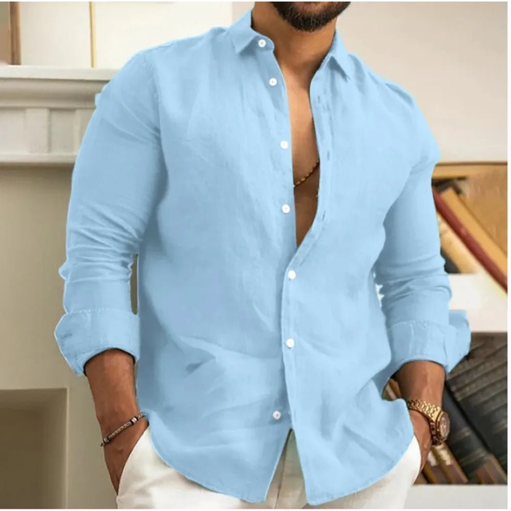 Lightweight Linen Beach Shirt for Men, Breathable Summer Casual Wear, Relaxed Fit, Available in White, Light Blue, Beige-4