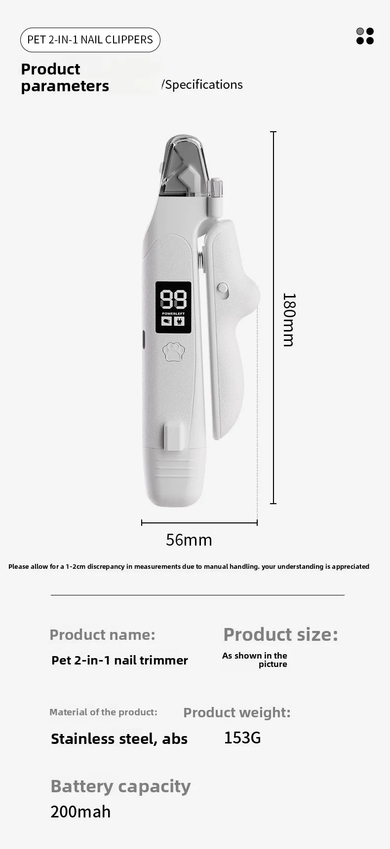 USB-C Battery-Powered Dog Cat Trimmer 2026 – 2-in-1 Pet Nail Clipper & Grinder with LED Blood Line Light