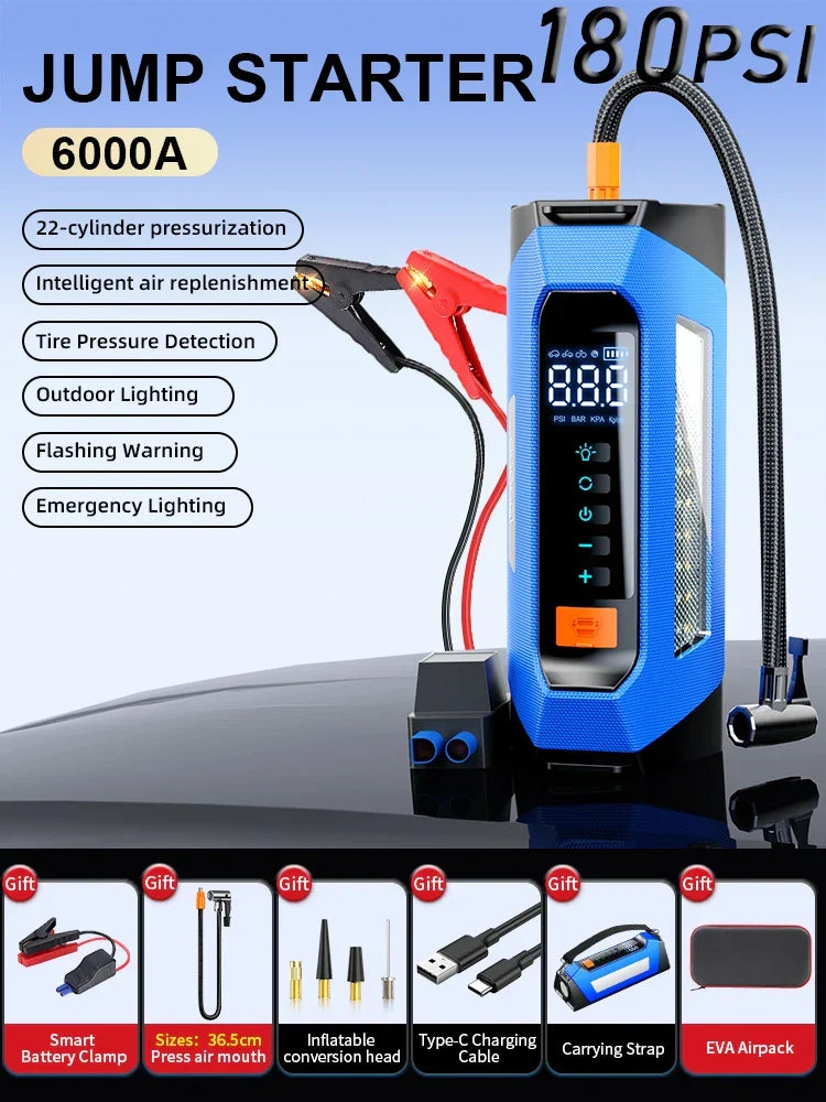 Car2025 Edition Jump Starter Travel-Friendly Power Bank 12V With Air Compressor 6000A Peak Emergency Start 180 PSI Fall