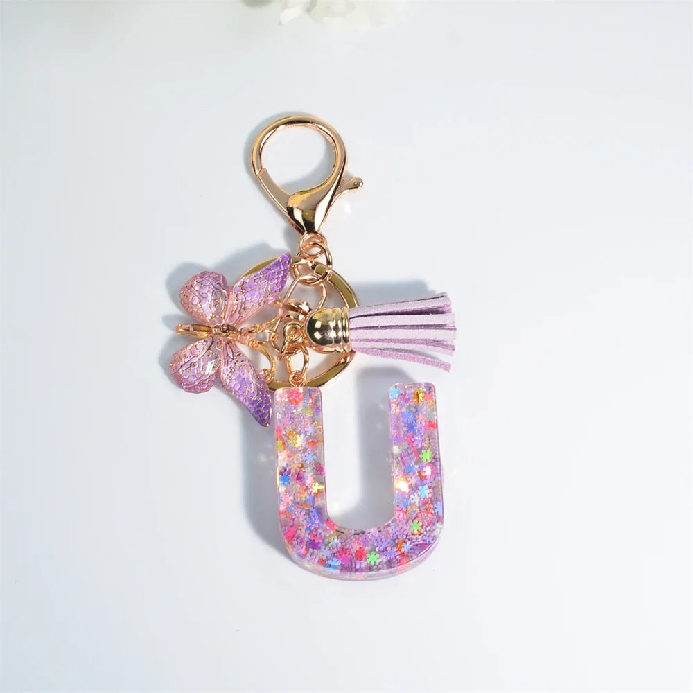 Letter Sequin Keychain With Butterfly Tassel Charm