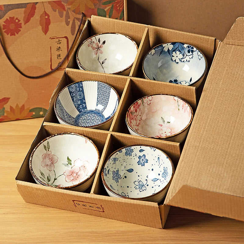 Japanese Ceramic Bowl Kit 6pc Microwave Safe Gift Box