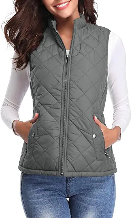 Light Women Quilted Vest - Stand Collar Cotton Winter