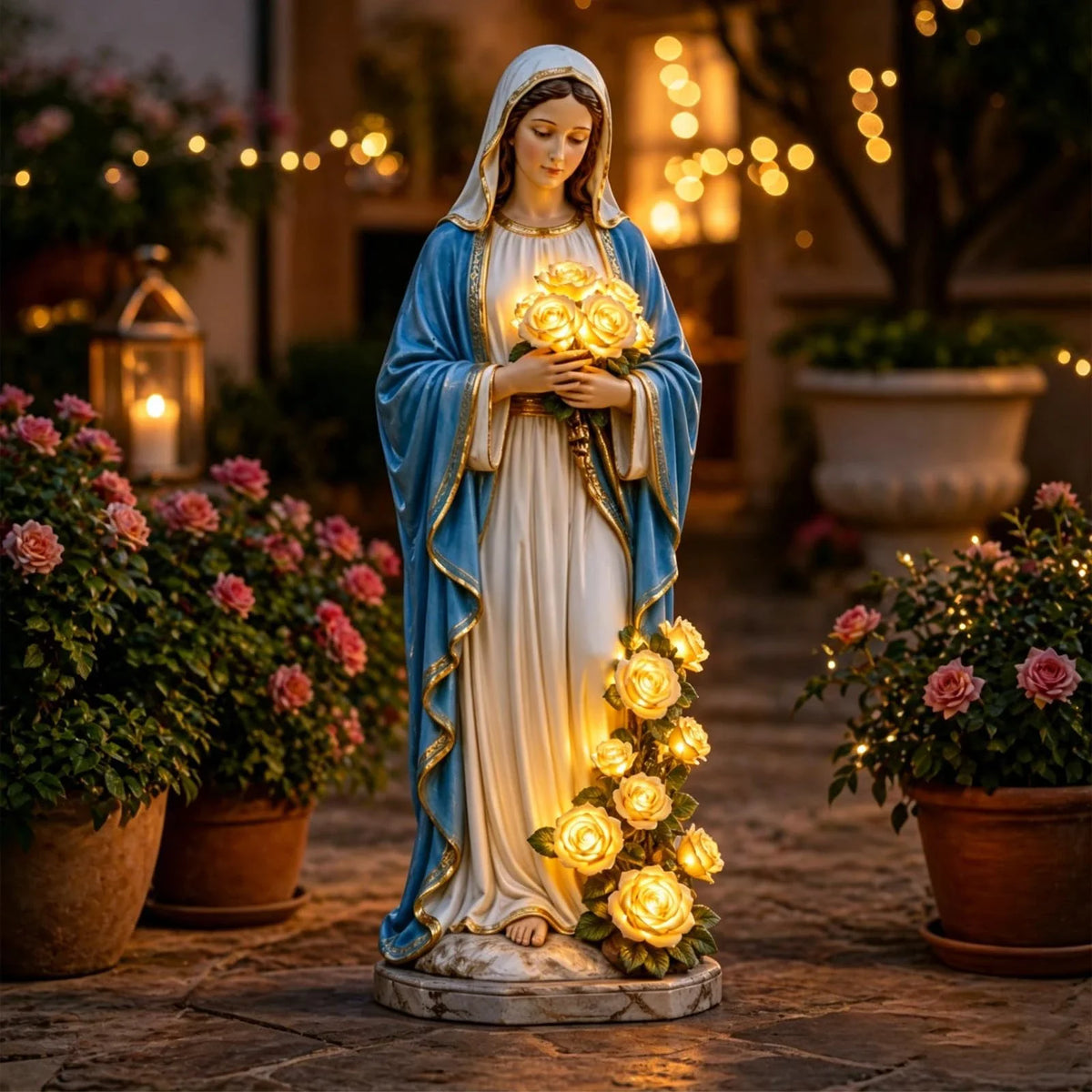 Mary Virgin Statue 7.87 Inch Outdoor Resin Garden Decor With Lighting Roses Religious Figurine Mother's Day Gift