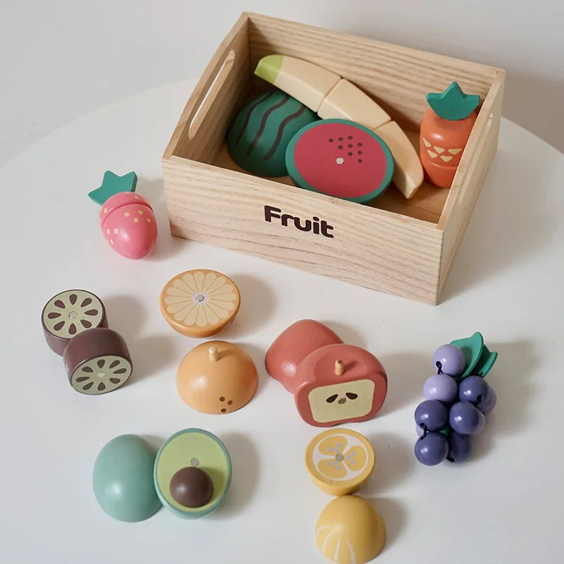 Kids Wooden Kitchen Playset with Cutting Food Accessories - Fruits, Vegetables & Bakery Toys