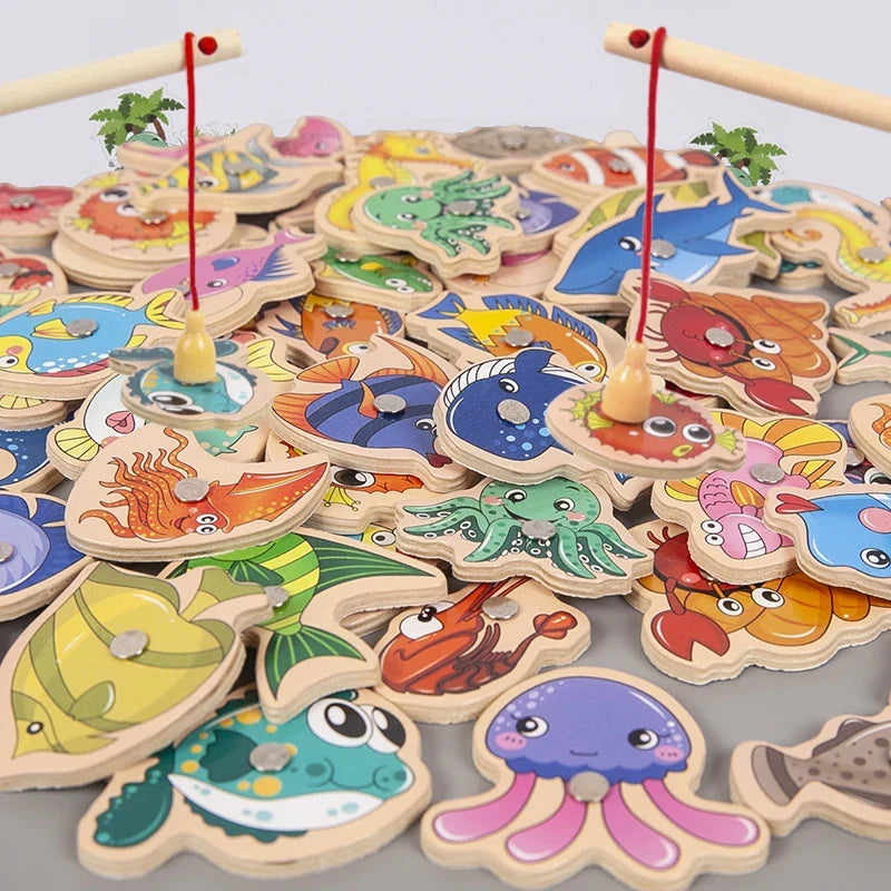 Montessori Interactive Wooden Fishing Game - Magnetic Marine Life Learning Toy for Kids, Parent-Child Engagement, Eco-Friendly Design