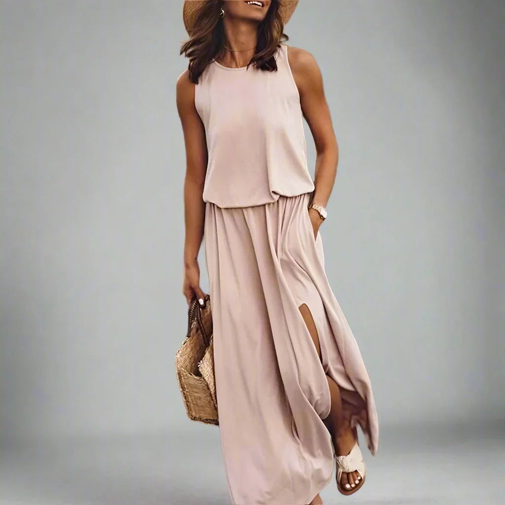 Spring/Summer Women's Trendy Retro Sleeveless Dress, Solid Color Two-Piece Kit