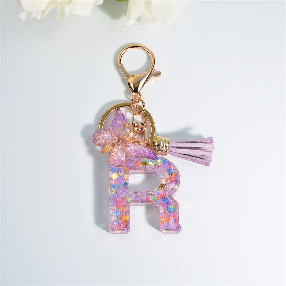 Letter Sequin Keychain With Butterfly Tassel Charm