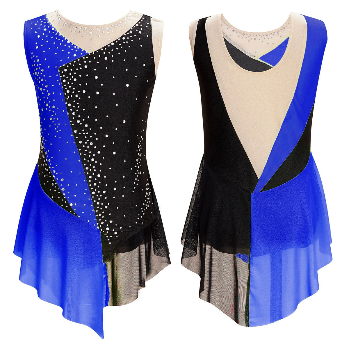 girls' Stretchy leotard - rhinestone mesh yoke, sleeveless, polyester, nylon, elastane, for lyrical dance performance