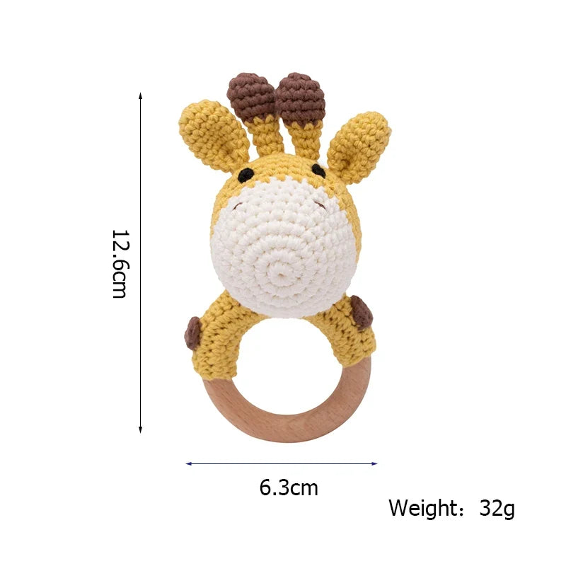 Crochet Wooden Animal Teether Rattle Newborn Sensory Toys