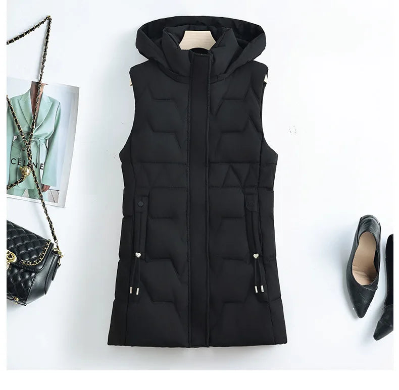 Light Cozy Women Long Puffer Vest - Hooded Down