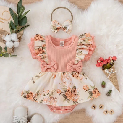 Plush baby girl dress - floral print, bowknot accents, cotton-elastane, summer wear