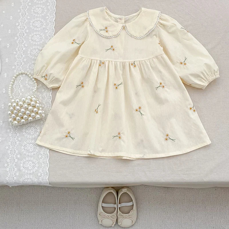 Plush, classic girls' dress - Peter Pan collar, cotton, floral embroidery, mid-calf length for spring