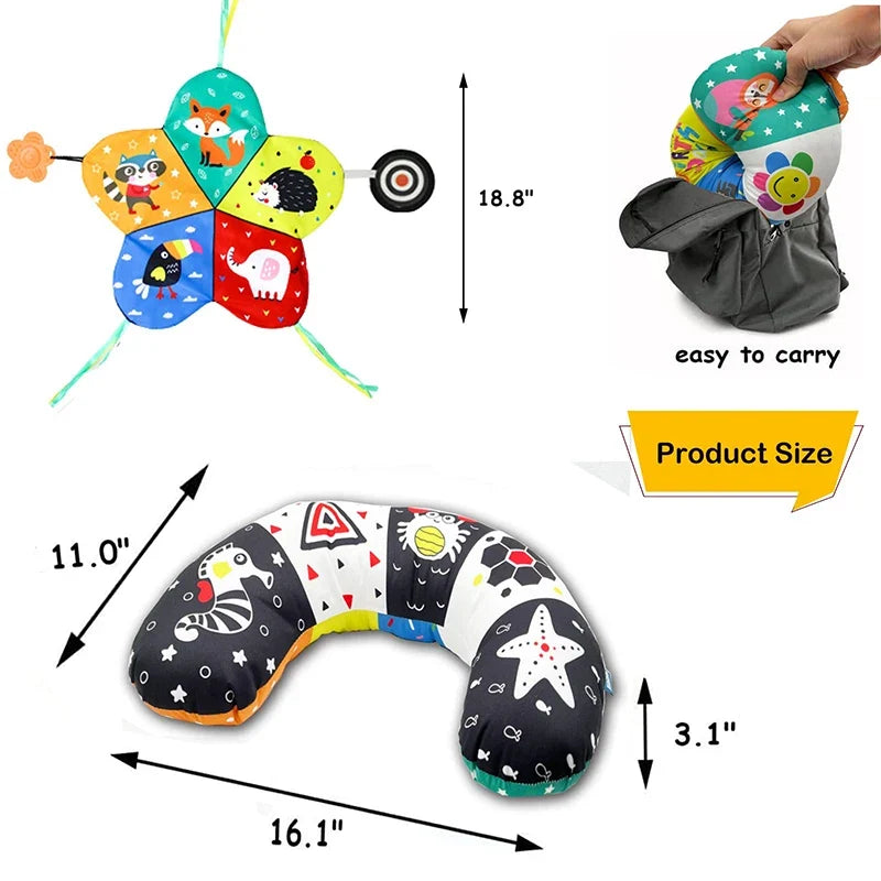 Contrast High Baby Tummy Time Pillow with Mirror, Teething Toy, and Crinkle Paper for Infants 0-6 Months