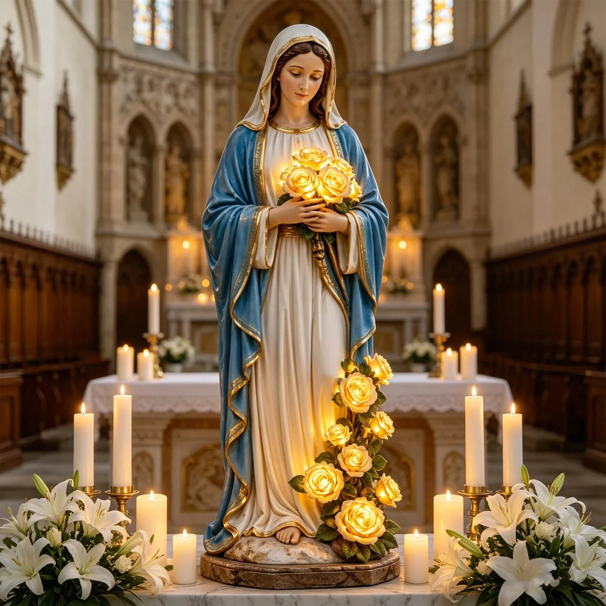 Mary Virgin Statue 7.87 Inch Outdoor Resin Garden Decor With Lighting Roses Religious Figurine Mother's Day Gift
