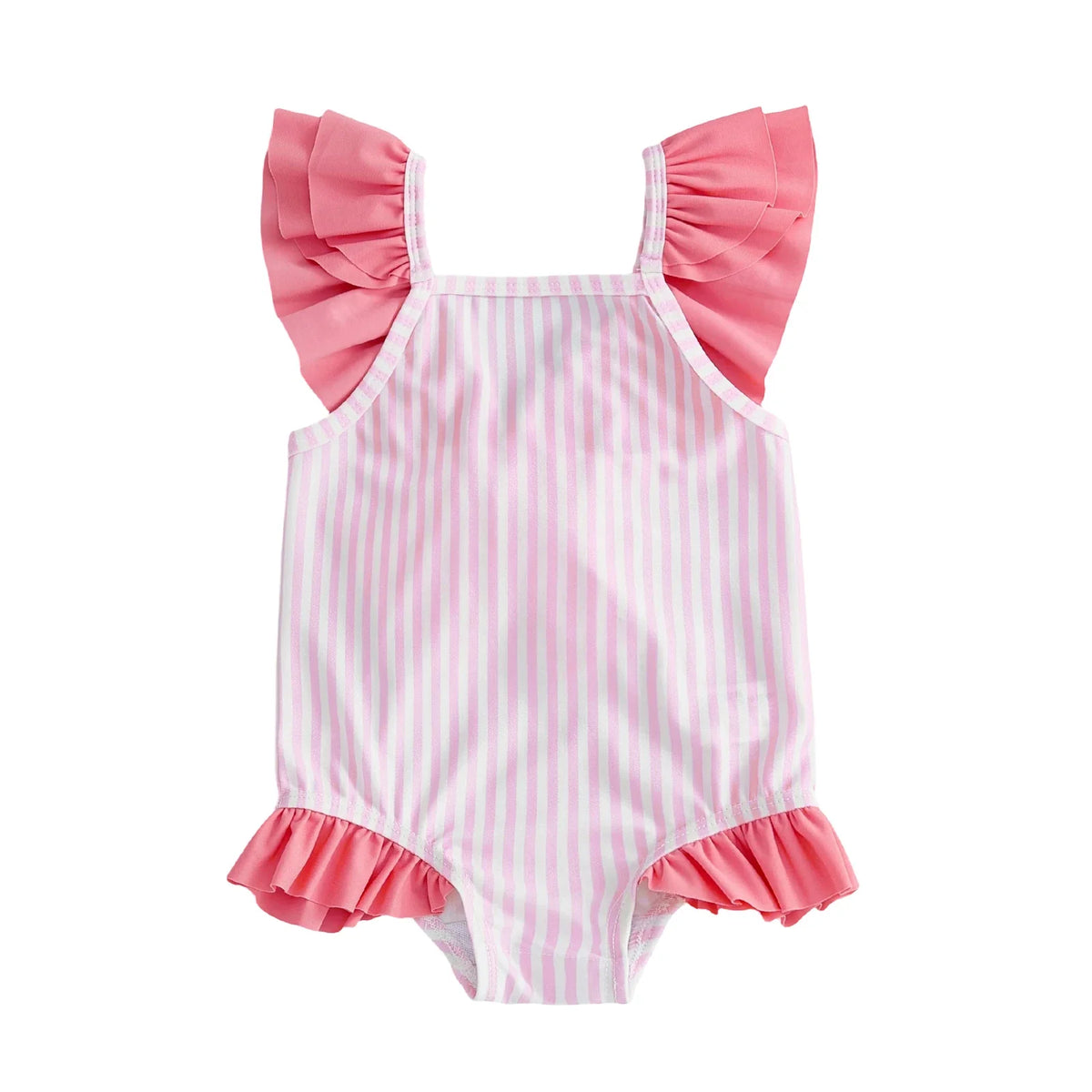 Baby Breathable Girls Swim Romper - Striped Print, Flutter Sleeves, Polyester-Elastane Blend, For Pool and Beach