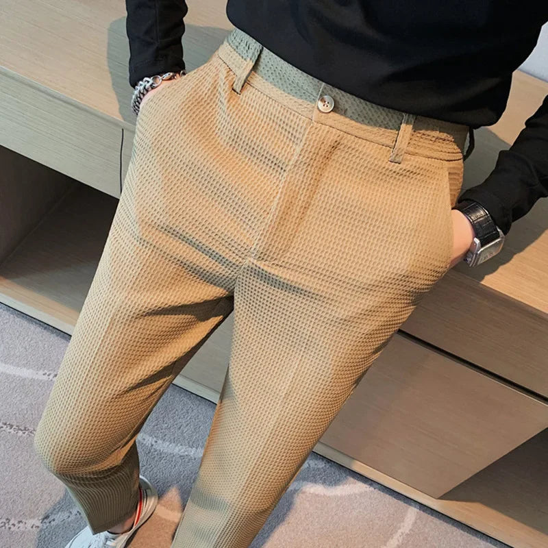 Elegant Plaid Men's Pants, Breathable Fabric, Straight Cut Design for Office and Casual Wear-1