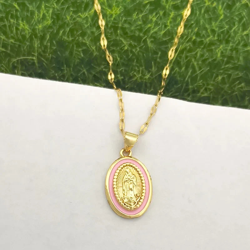 women's Timeless Virgin Mary pendant necklace - 18K gold-plated stainless steel link chain, for everyday wear