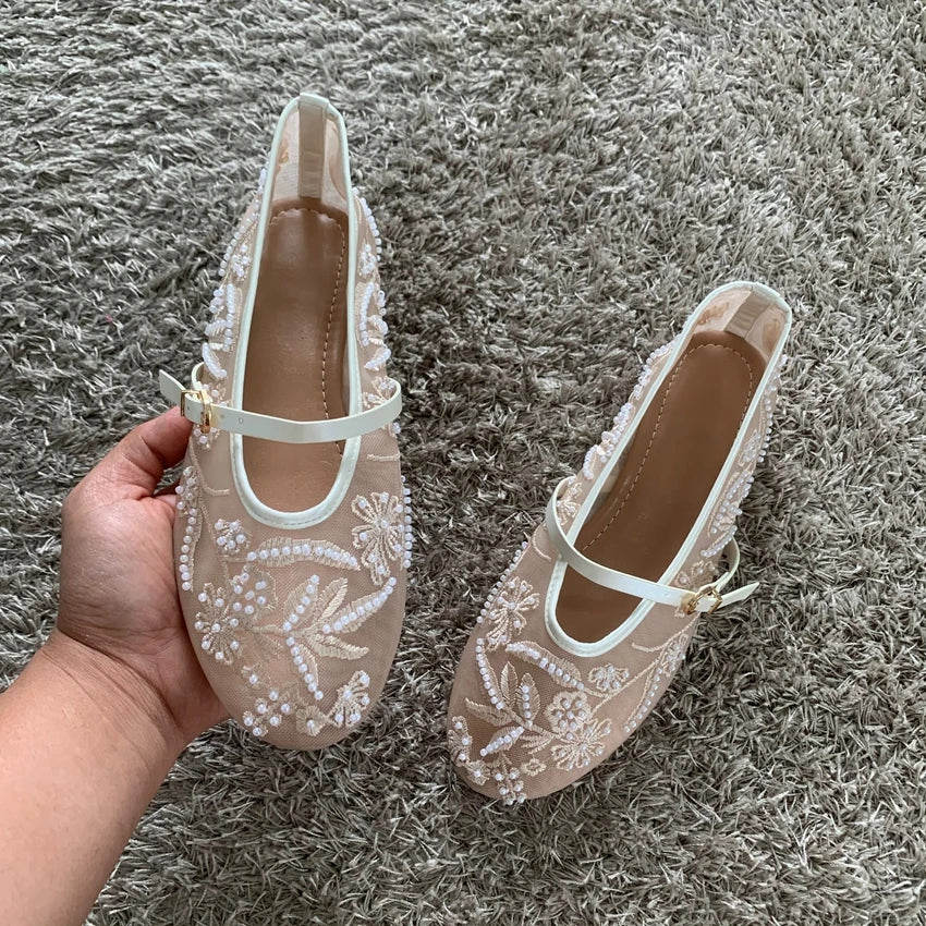 Women Breathable Ballet Flats - Mary Jane Mesh, Embroidered