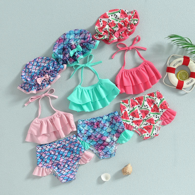 Plush girls' bikini swimsuit - halter-neck ruffle crop top, mermaid scale print, shorts, polyester, for summer vacation
