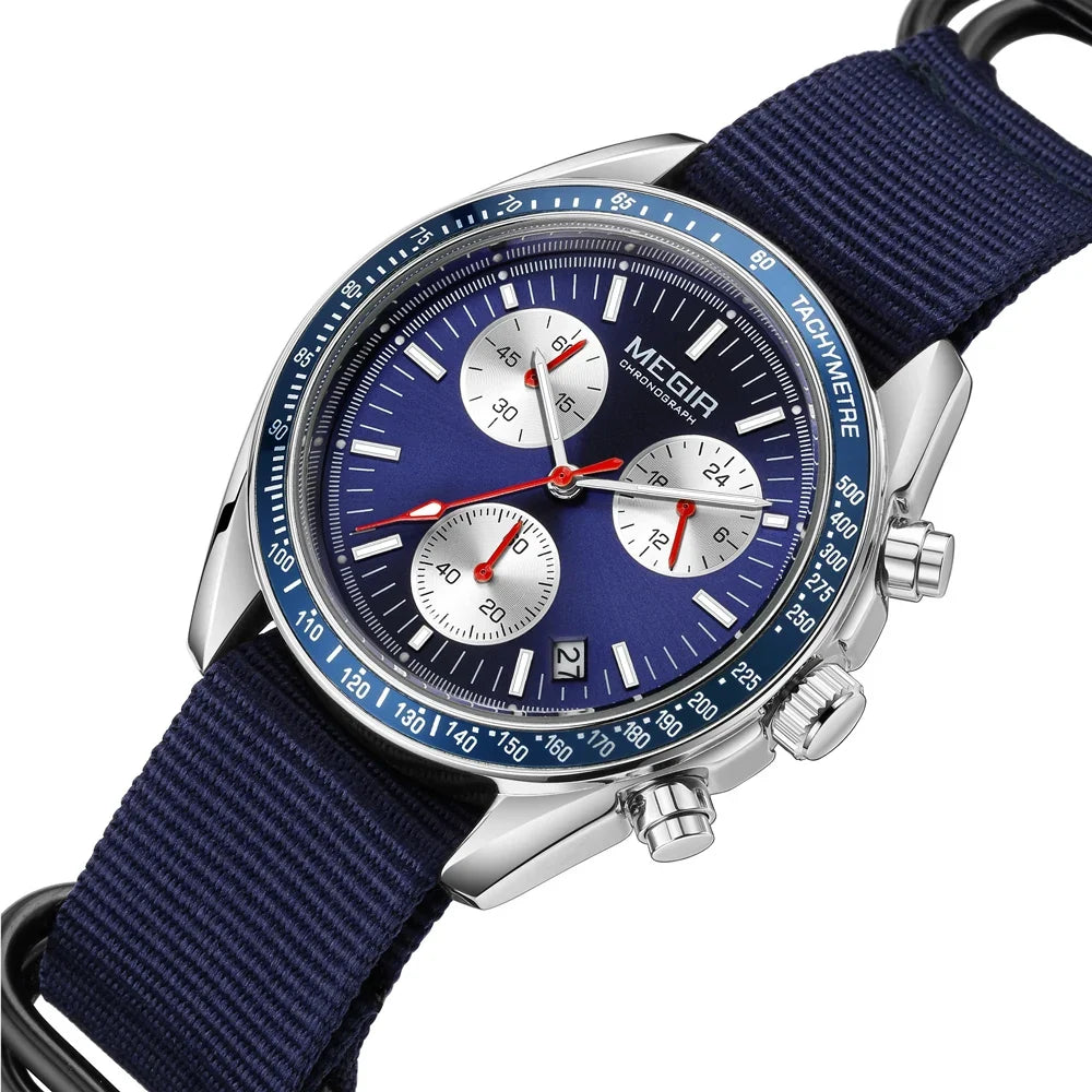 Quartz Chronograph Watch Blue Nylon Strap Water-Resistant