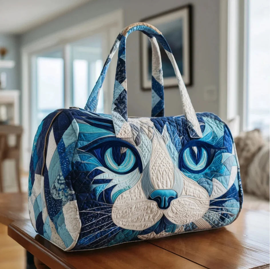 Plush Unisex Travel Tote - Quilted, Cat-Embroidered Fabric, For Beach, Hiking, Camping