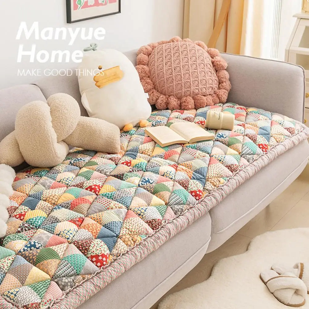 Cotton Sofa Cover Bohemian Plush Anti-Slip Thickened Floral Cushion Protection