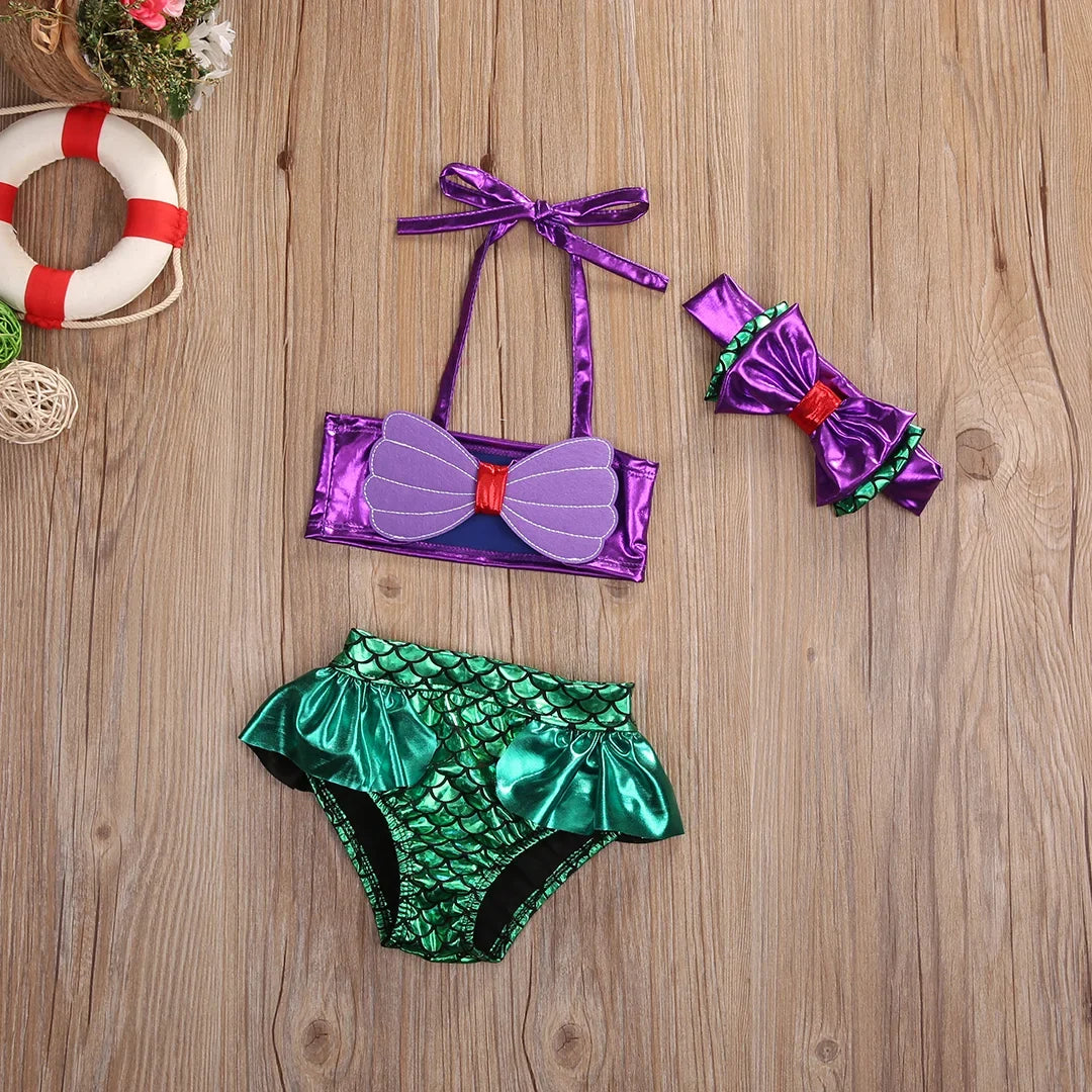 Light girls mermaid bikini set - lace-up 3D bow top, triangle briefs, elastic headband, polyester, summer swimwear