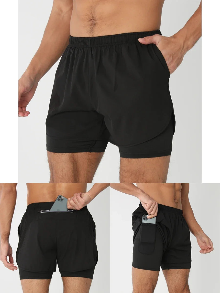 Fast-dry men's 2-in-1 running shorts - lightweight lined, polyester, for gym and summer training