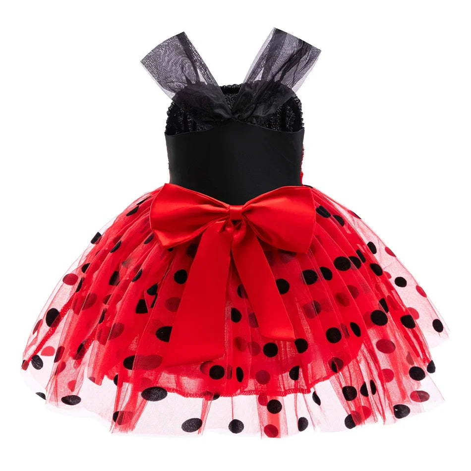 Light girls' Ladybug cosplay costume - sequin bodice with knee-length tulle skirt, polyester, for Halloween