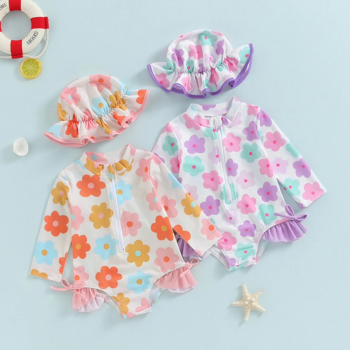 Plush Toddler Girls' Swimsuit - Long Sleeve, Zip Front, Flattering Flower Print, Polyester, Beach & Pool Swimwear