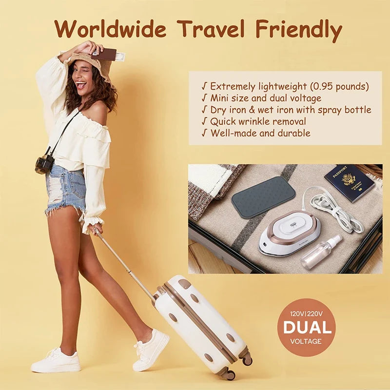 Mini Travel Iron for Clothes - Travel-Friendly Motor-Driven Iron, Fast Heating 30s, Dual Voltage 220V