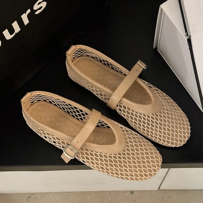 Women Breathable Mesh Ballet Flats - Strappy Round Toe