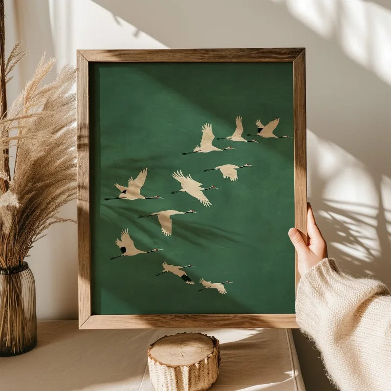 Wall Cranes Art Emerald Green Canvas With Gold Accents