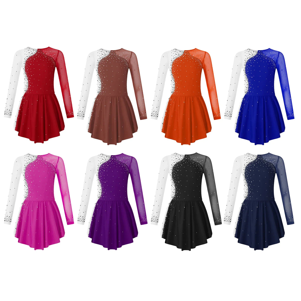 long sleeve rhinestone accents, jersey, dance performance costume – Stretchy girls figure skating dress