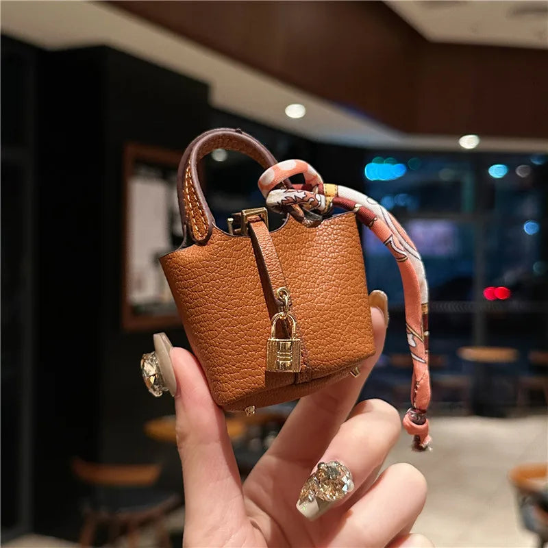 Inspired Birkin Mini Hand Bag - Leather Basket Bag Charm Keychain & Earphone Case