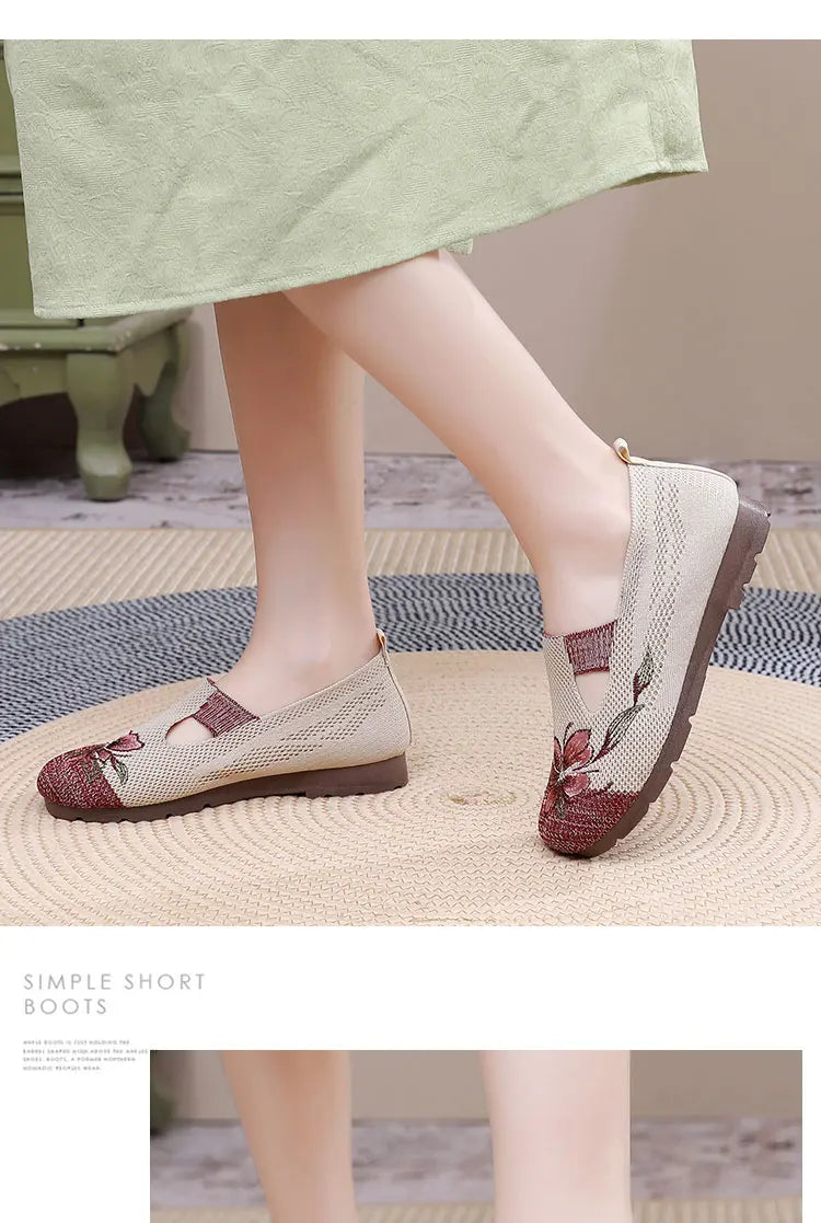 Women’s Breathable Flats - Slip-On Mesh, Embroidered