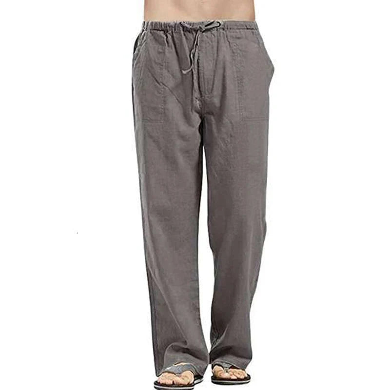Color Solid Multi-Pocket Linen Men Pants - Casual Breathable Summer Trouser, Large Size