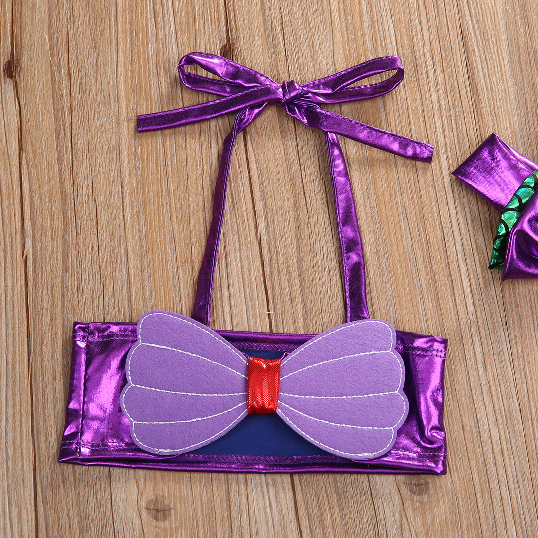 Light girls mermaid bikini set - lace-up 3D bow top, triangle briefs, elastic headband, polyester, summer swimwear